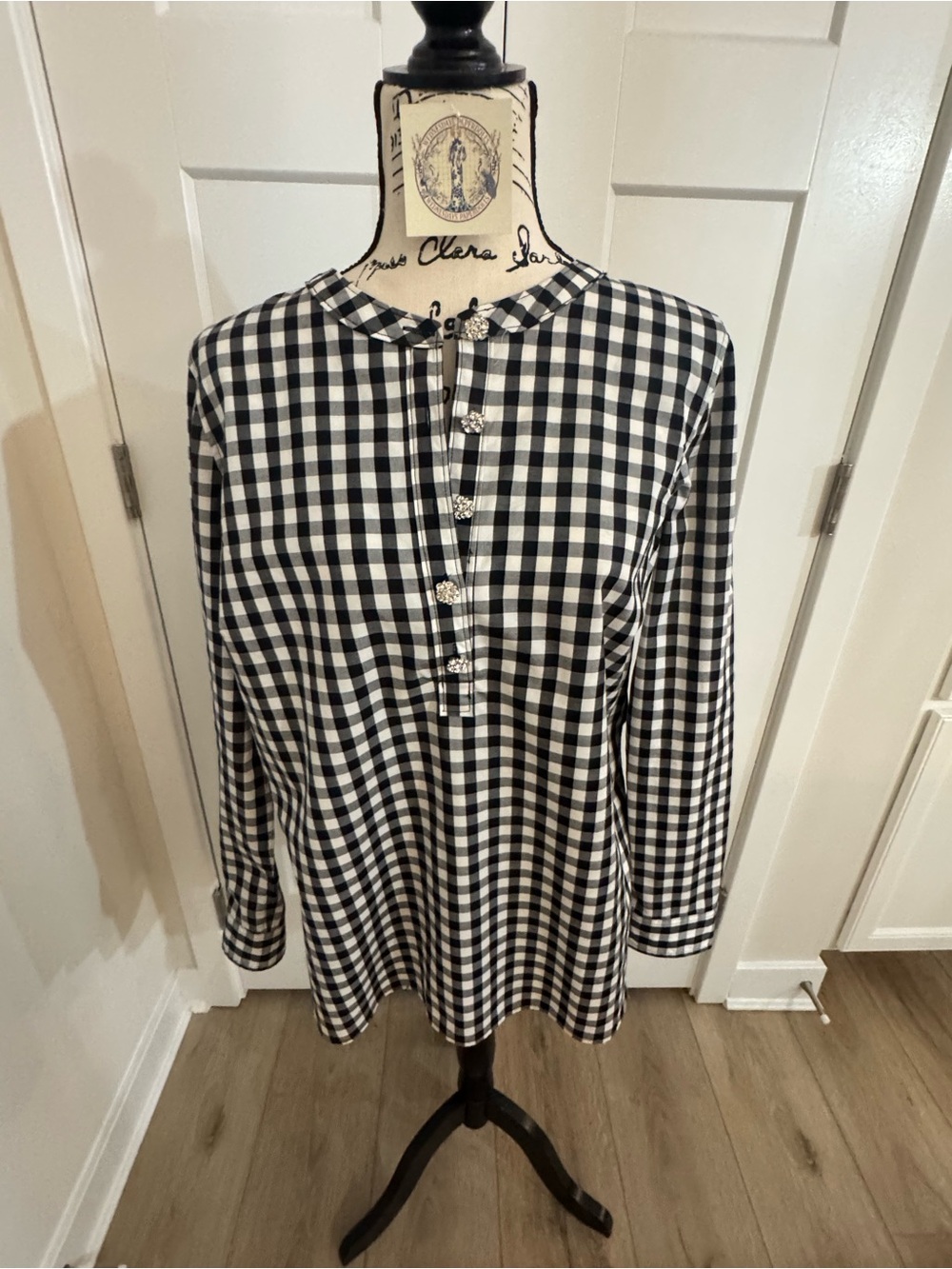 Talbots Medium Tunic Buffalo Plaid Rhinestone Button Shirt Black White Check